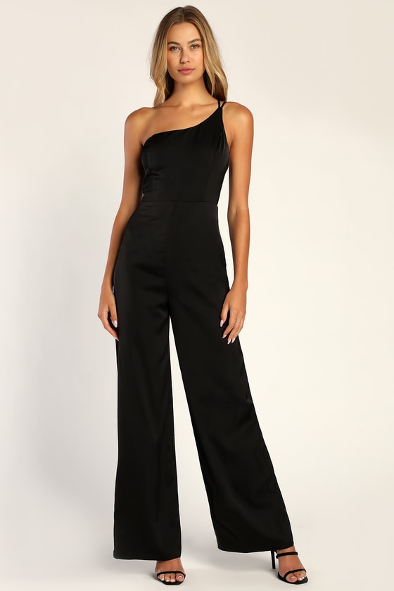 Black Satin Jumpsuit - One-Shoulder Jumpsuit - Wide-Leg Jumpsuit - Lulus