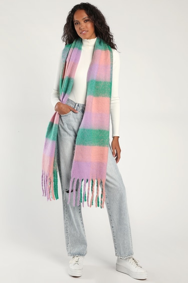 Cue the Comfort Green and Pink Plaid Oversized Scarf