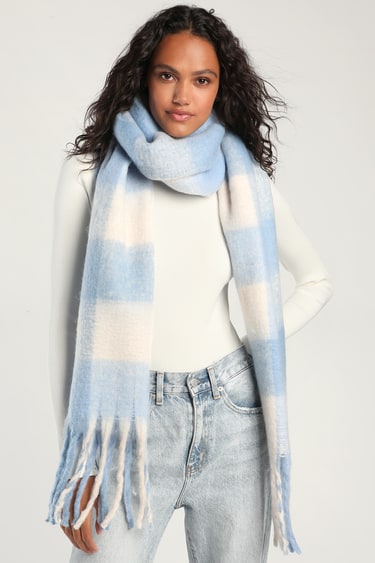 Cue the Comfort Blue and White Plaid Oversized Scarf