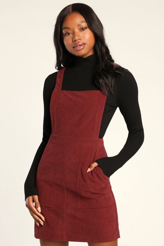 Lulus Embracing Autumn Burgundy Corduroy Pinafore Mini Dress