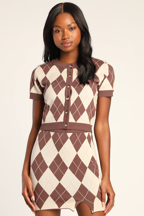 Got a Clue Brown Pink Plaid Two-Piece Sweater Dress 6