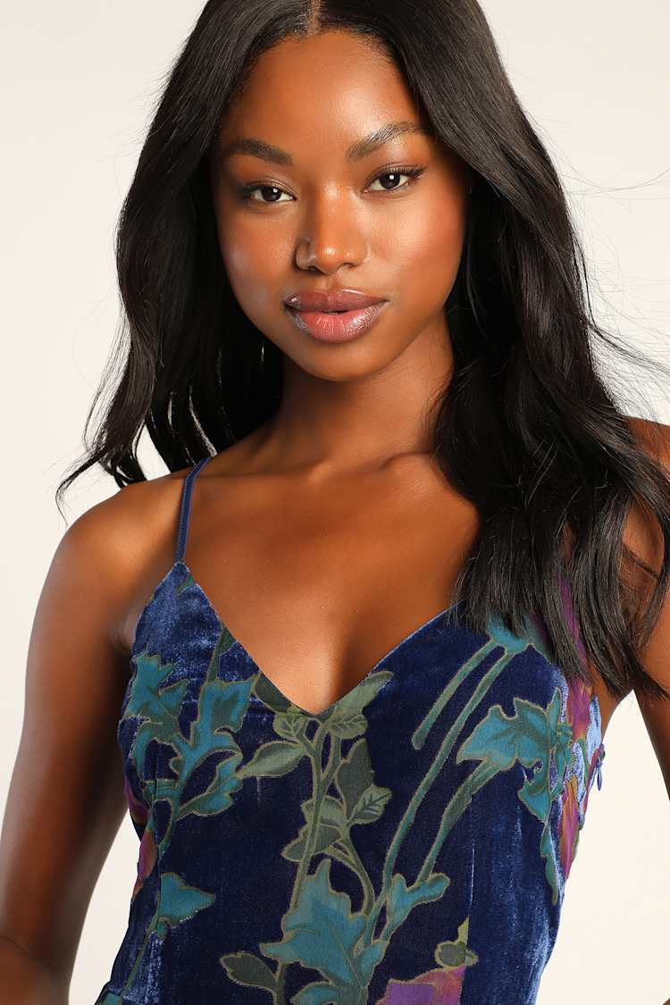 Evenings with You Blue Floral Asymmetrical Velvet Dress