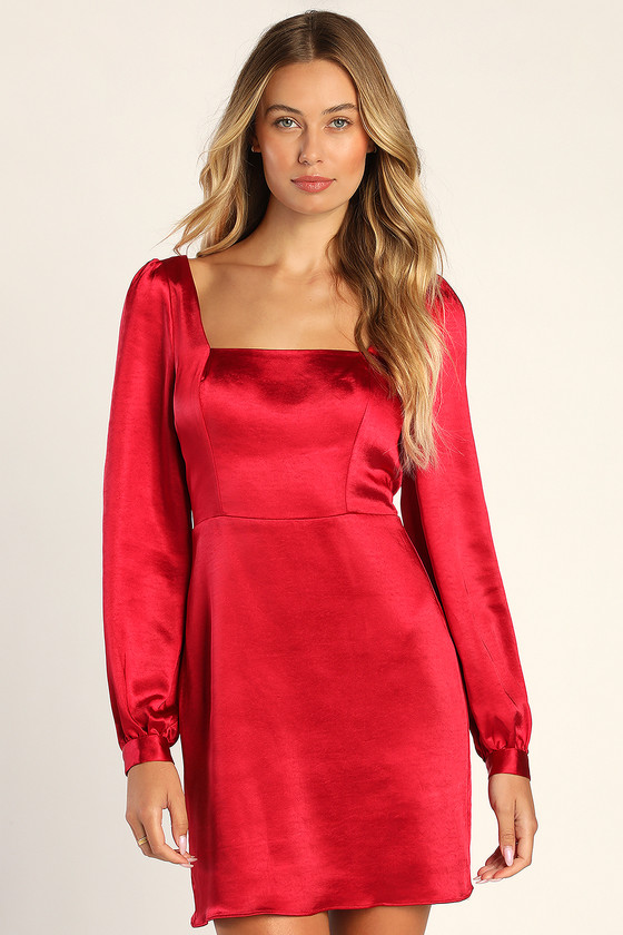 Red Mini Dress - Red Satin Dress - Long Sleeve Mini Dress - Lulus