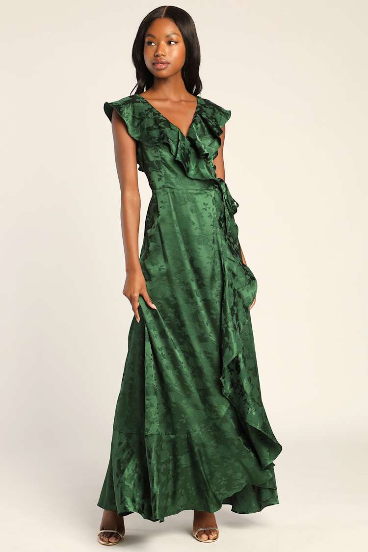 Romantic Occasion Emerald Green Satin Floral Jacquard Maxi Dress Romantic Occasion Emerald Green Satin Floral Jacquard Maxi Dress