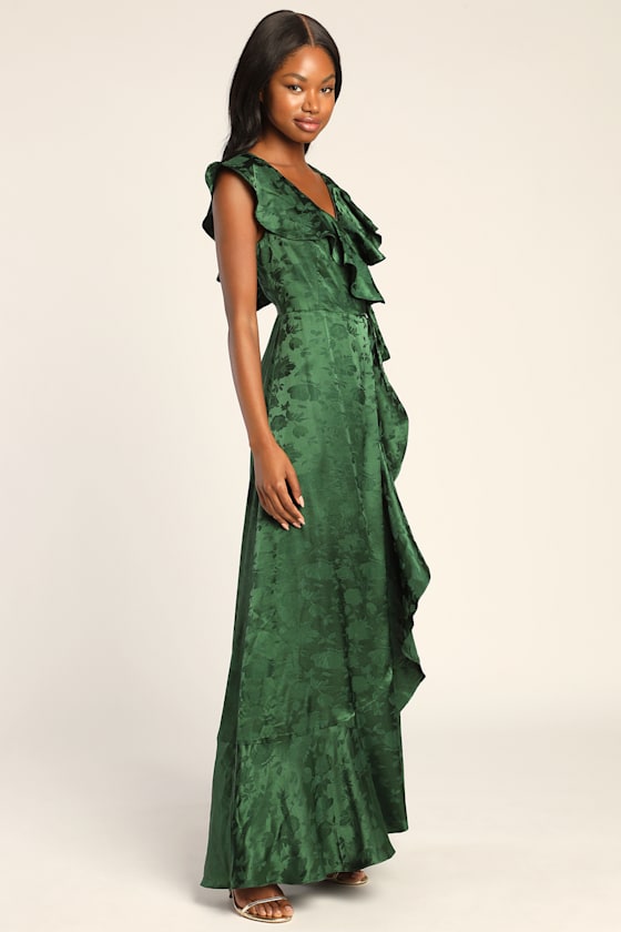Floral Jacquard Maxi Dress - Green Satin Maxi Dress - Wrap Dress - Lulus