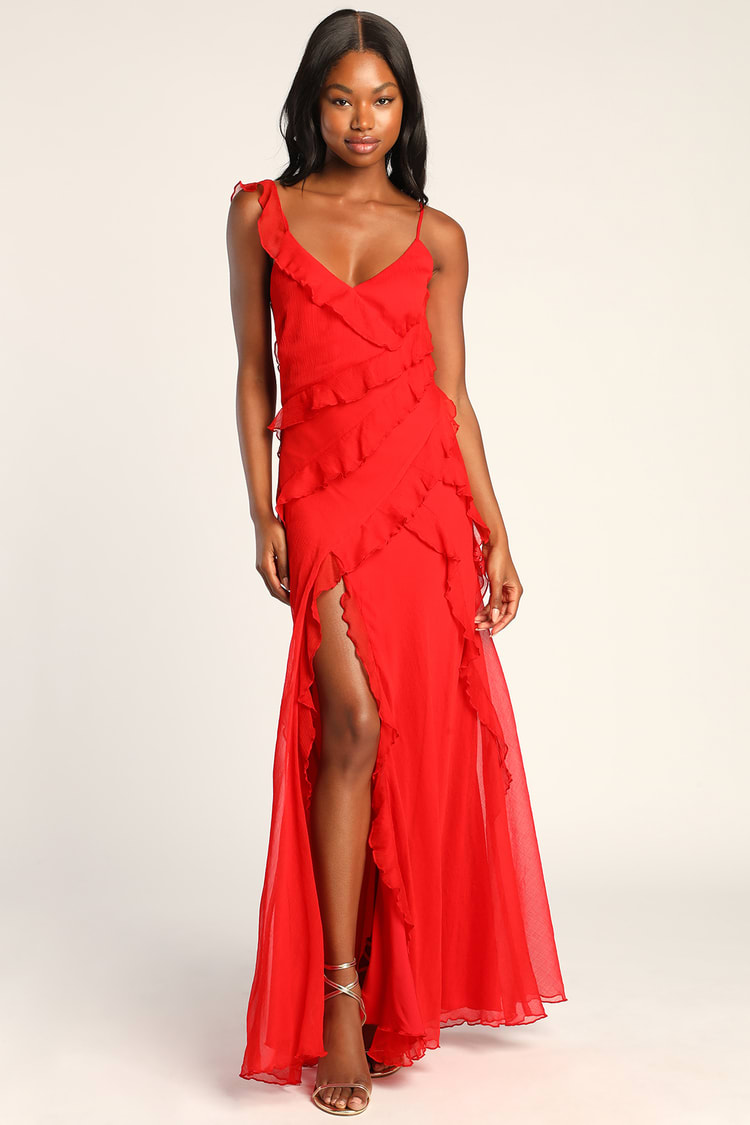 Tier Desire Red Tiered Ruffled Lace-Up Maxi Dress