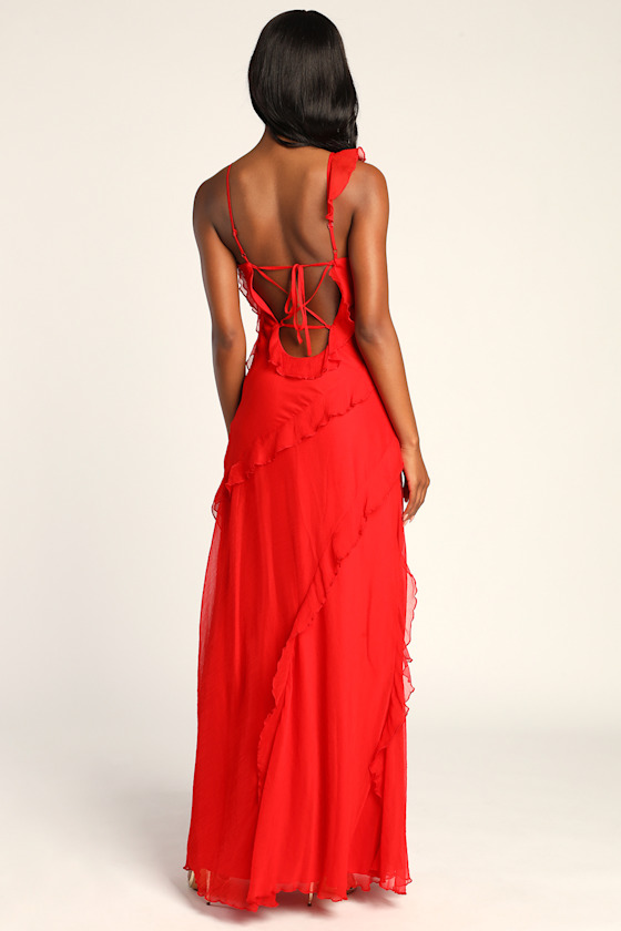Tier Desire Red Tiered Ruffled Lace-Up Maxi Dress 3