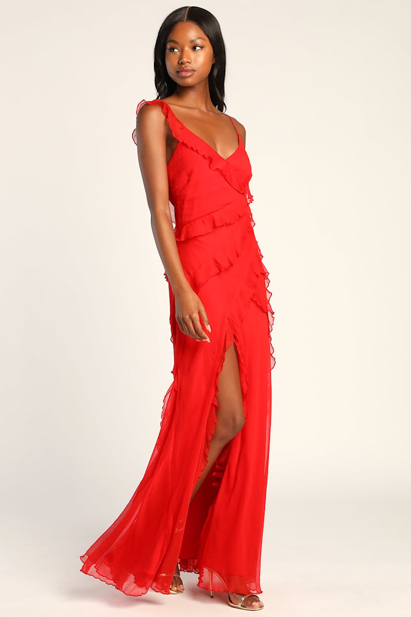 Tier Desire Red Tiered Ruffled Lace-Up Maxi Dress