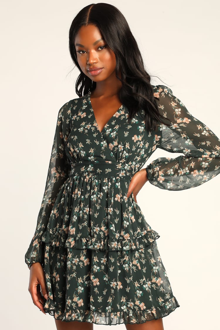Floral Print Long Sleeve Ruffles Mini Dress