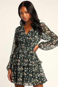 Darling Attitude Dark Green Floral Print Long Sleeve Mini Dress