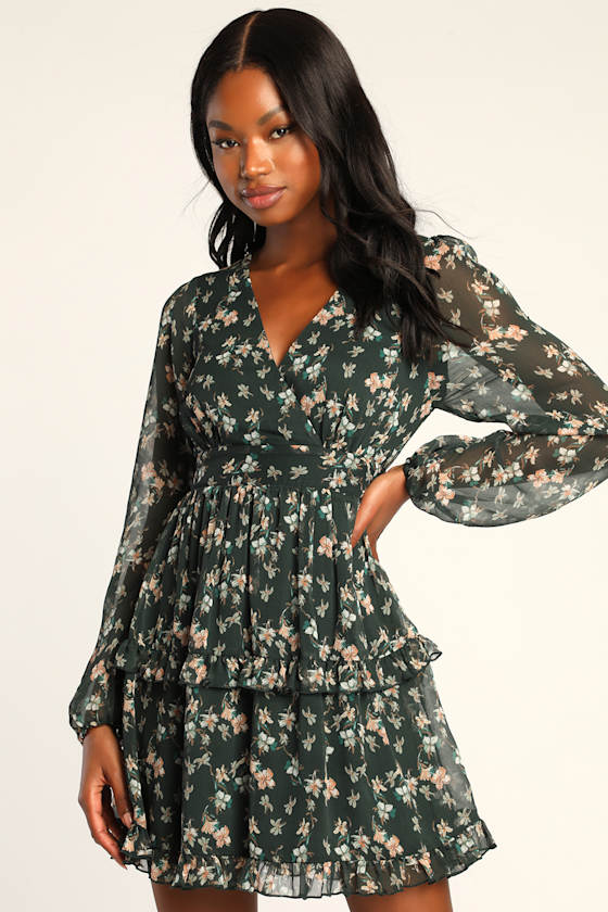 Darling Attitude Dark Green Floral Print Long Sleeve Mini Dress 2