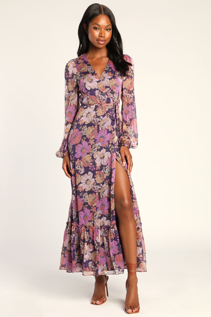 Purple Floral Maxi Dress Maxi Wrap Dress - Long Sleeve Dress - Lulus