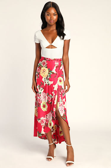 Pink Floral Print Skirt High-Low Midi Skirt Satin Midi Skirt