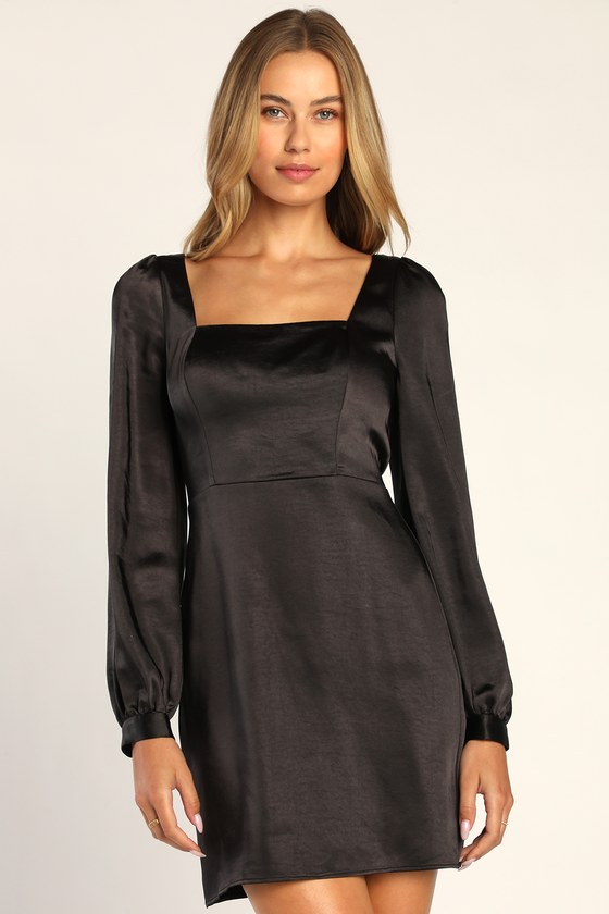 Black Mini Dress - Black Satin Dress - Long Sleeve Mini Dress - Lulus