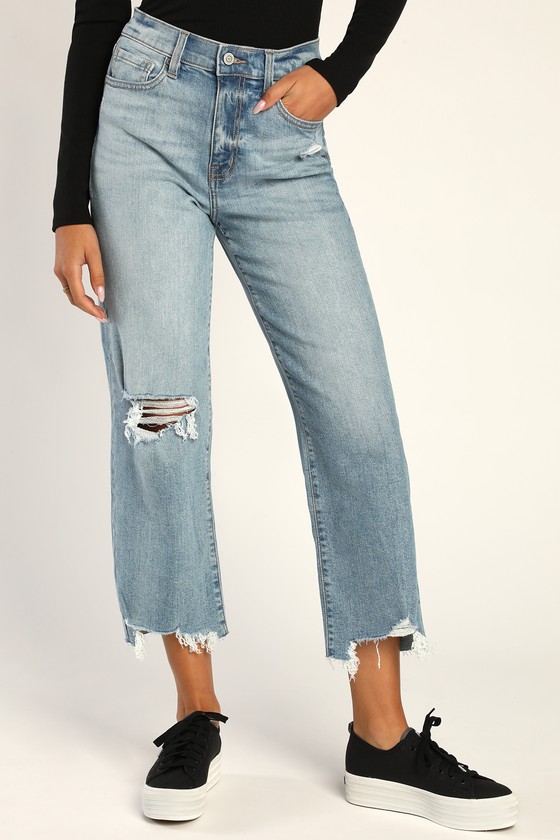 Light Wash Jeans - Cropped Wide Leg Jeans - Distressed Jeans - Lulus