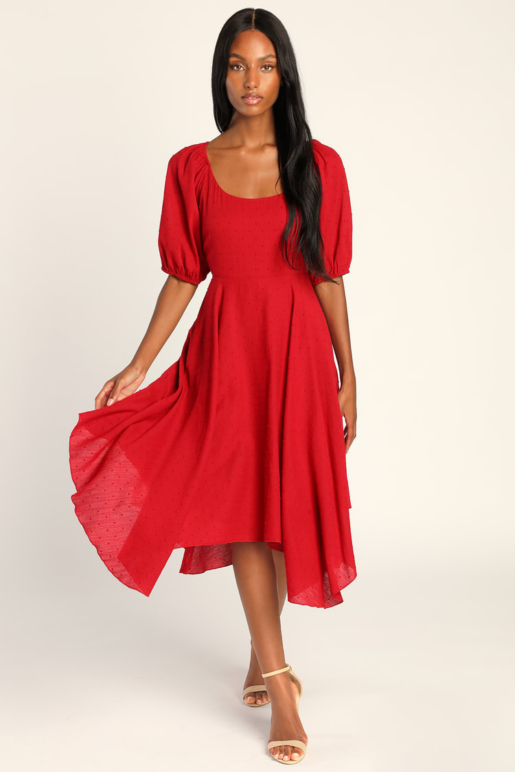 Red Swiss Dots Dress - Puff Sleeve Midi Dress - Lace-Up Dress - Lulus