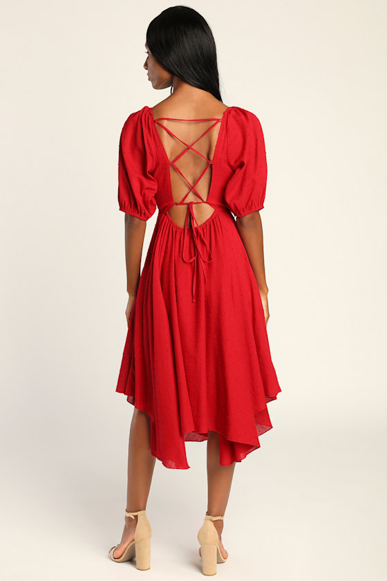 Completely Smitten Red Swiss Dot Lace-Up Puff Sleeve Midi Dress 4