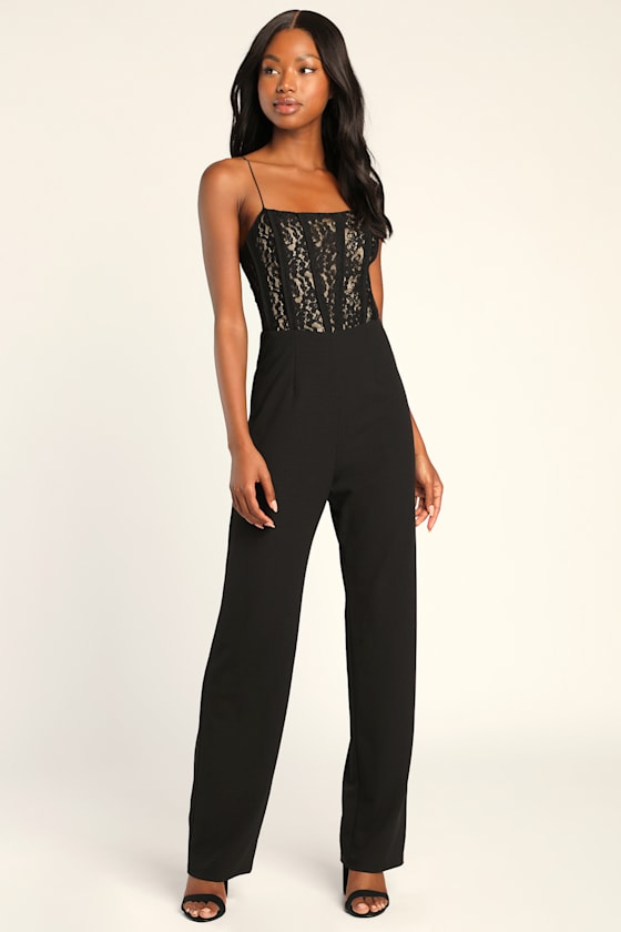 Romantic Business Black Lace Sleeveless Straight Leg Jumpsuit 1