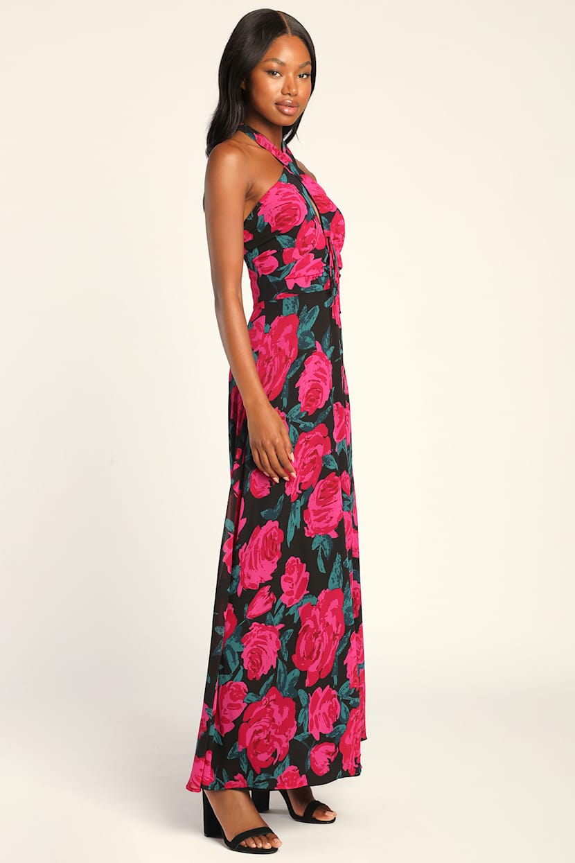black floral flocked sheer ruched halter strap maxi dress Print - Dress - Dress SET