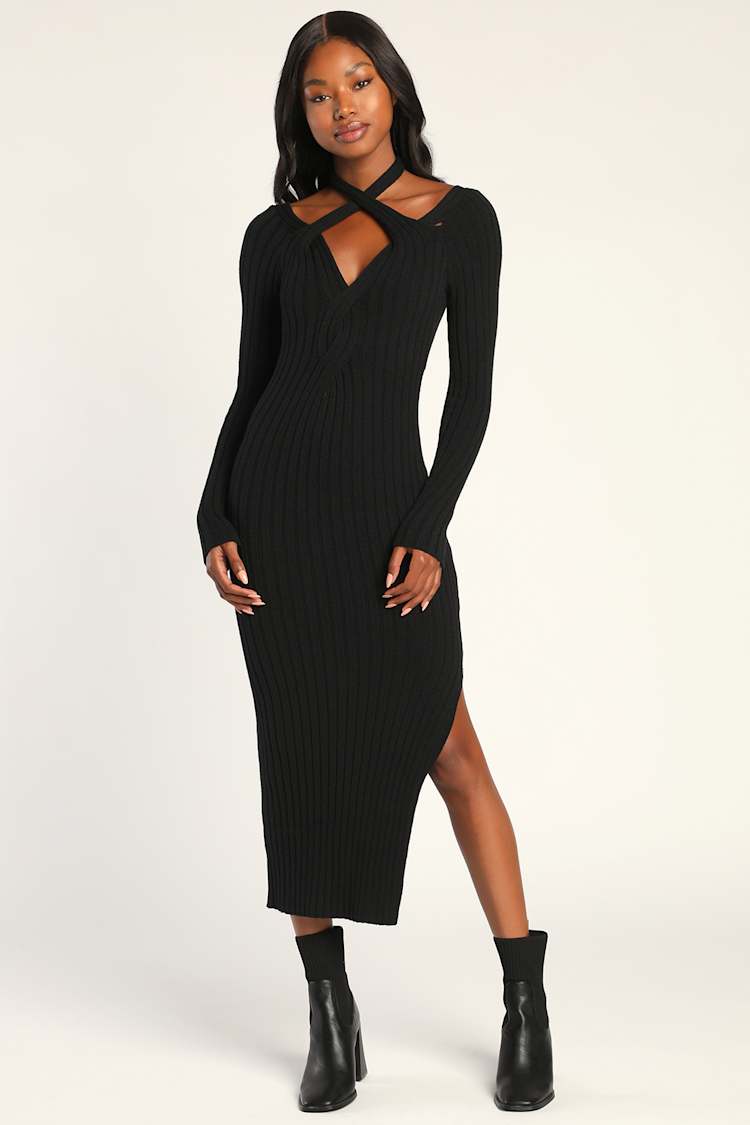 black halter dress low back Rails Women's Constanze V-Neck Knit Midi-Dress - Black main image 1
