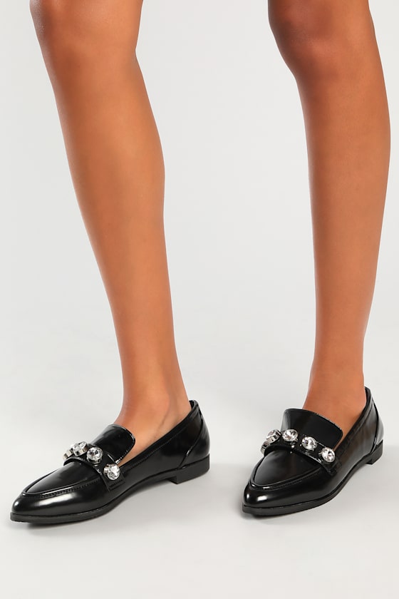 Rhinestone Loaders Black Loafers Faux Patent Leather Loafers Lulus