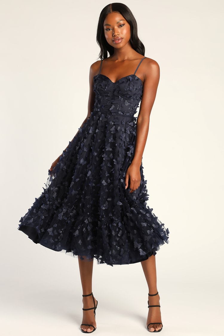 Time to Fly Navy Blue Butterfly Lace-Up Midi Dress