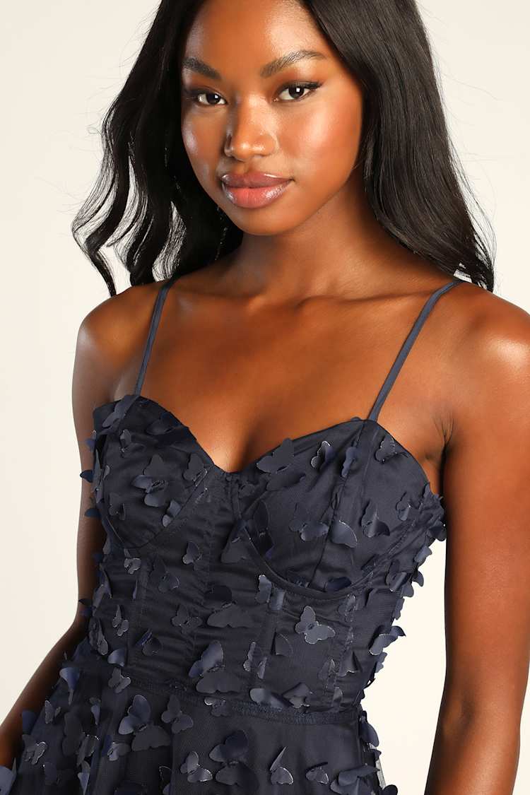Time to Fly Navy Blue Butterfly Lace-Up Midi Dress