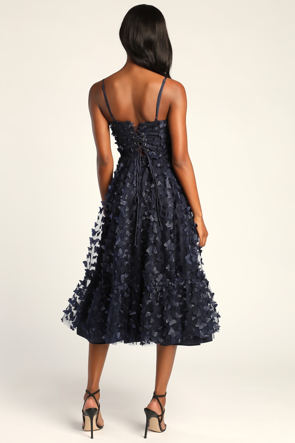 Time to Fly Navy Blue Butterfly Lace-Up Midi Dress