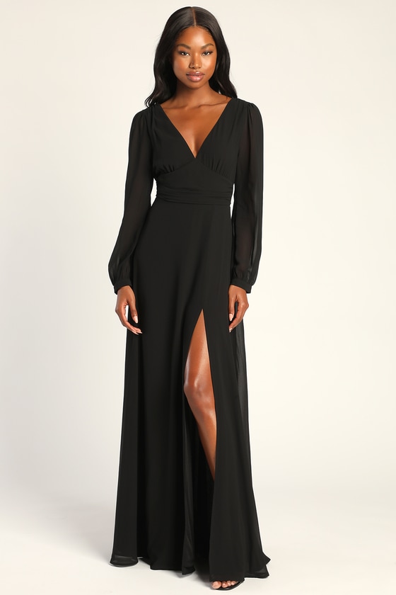 Sophisticated Long Sleeve Satin Black Evening Gown 7478 – Sparkly Gowns