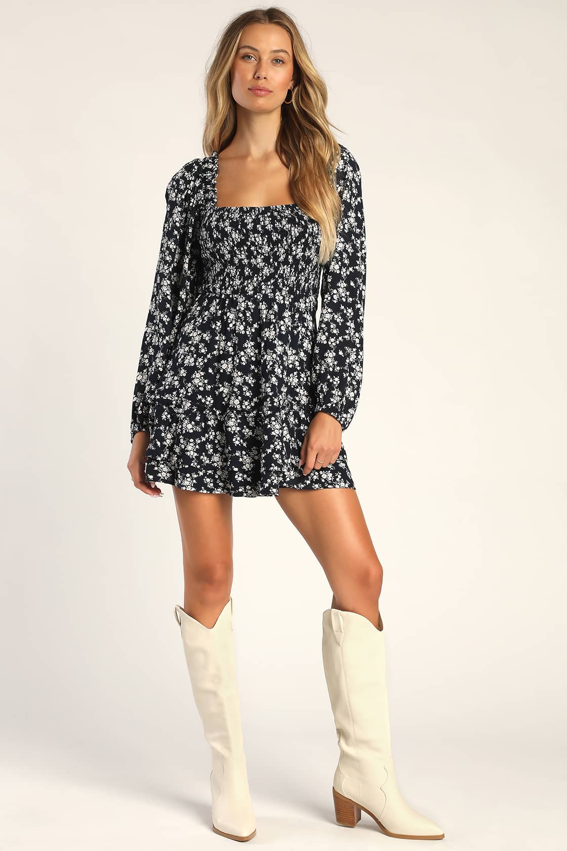 Navy Floral Mini Dress - Smocked Dress - Balloon Sleeve Dress - Lulus