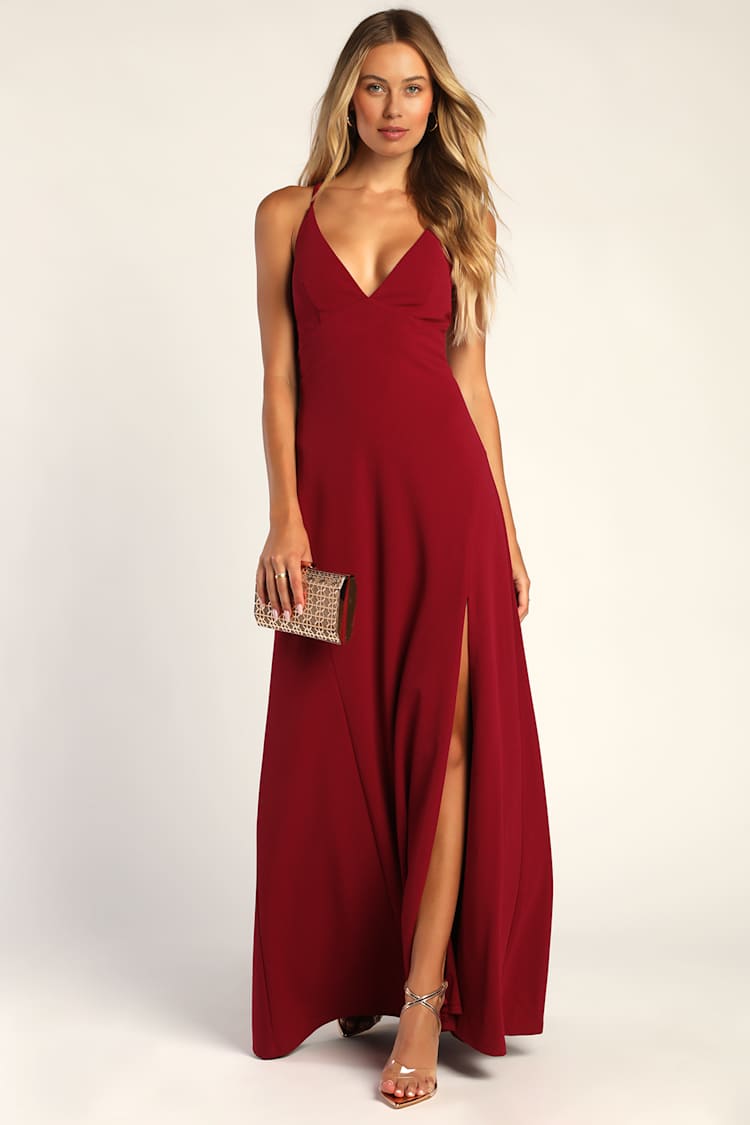 strapless open back dress Ruffle-Trim Cut-Out Maxi Dress in Berry Red main image 0
