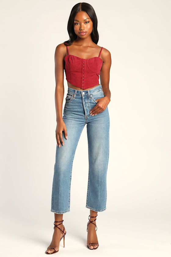 Boosted Beauty Wine Red Corduroy Cropped Bustier Tank Top 2