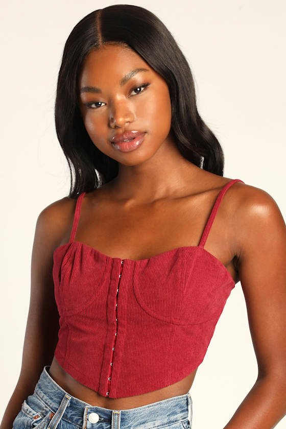 Boosted Beauty Wine Red Corduroy Cropped Bustier Tank Top 3