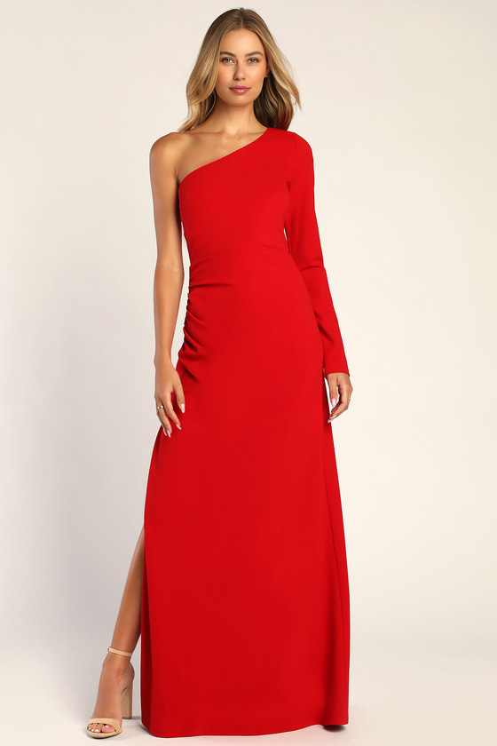 Red One Shoulder Ruched Midi Dress – AX Paris