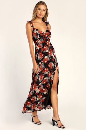 Black Floral Print Dress - Burnout Maxi Dress - Ruffled Dress - Lulus