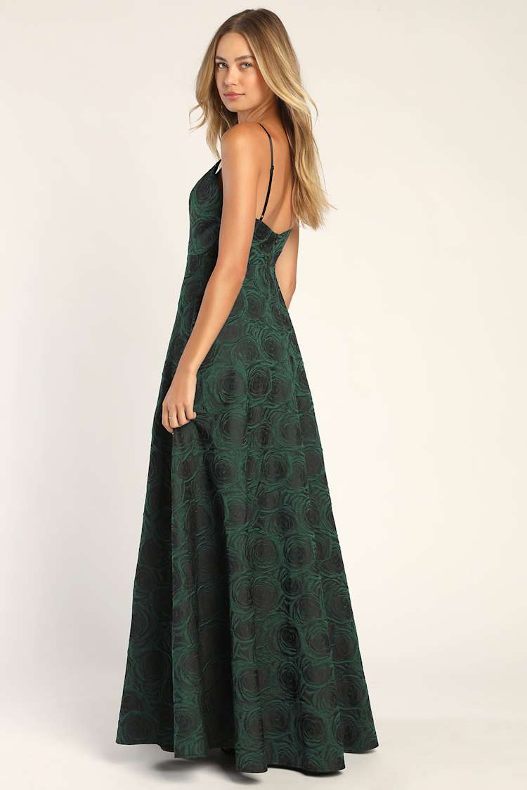 green emerald velvet dress Elegant Strap Black Floral Print V-Neck Cut-Out Satin Back Tie-Up Maxi  Dress with Middle Slit