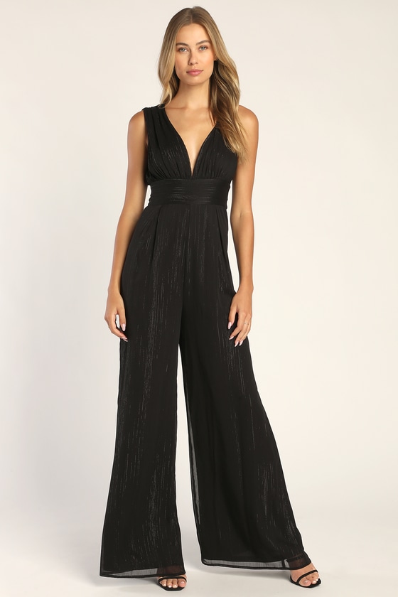 Black Metallic Jumpsuit - Plunge Jumpsuit - Wide-Leg Jumpsuit - Lulus