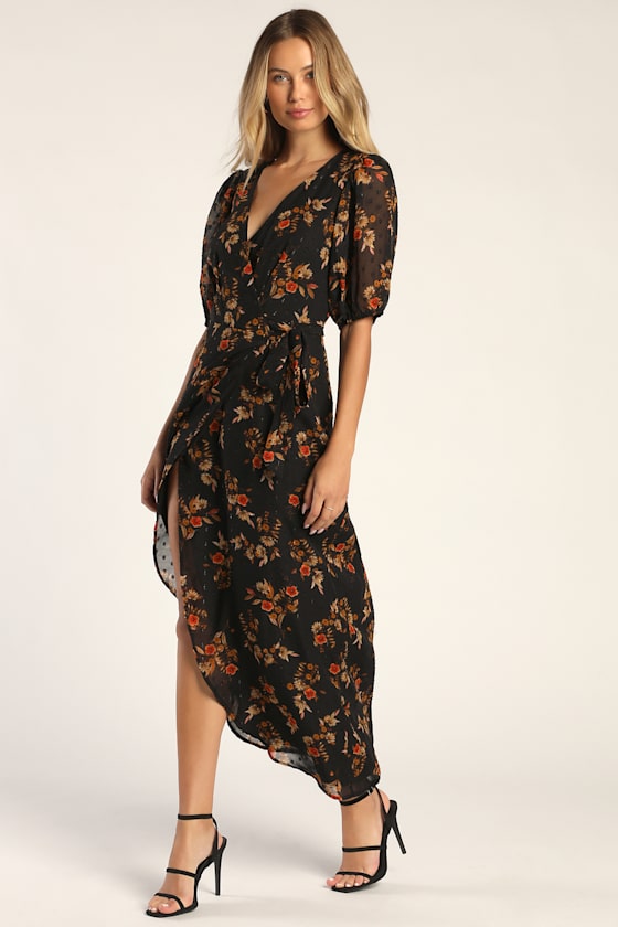 Seasonal Chic Black Floral Swiss Dot Wrap Maxi Dress 1