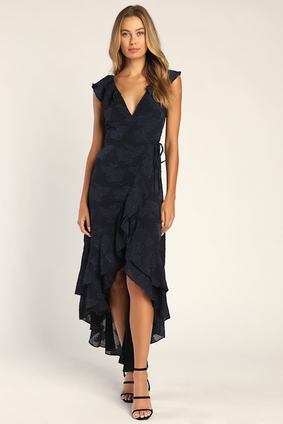 Adorable Aura Navy Blue Floral Burnout High Low Wrap Dress 2