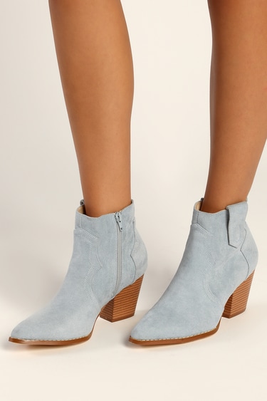 Wealy Blue Suede Pointed-Toe Ankle Booties