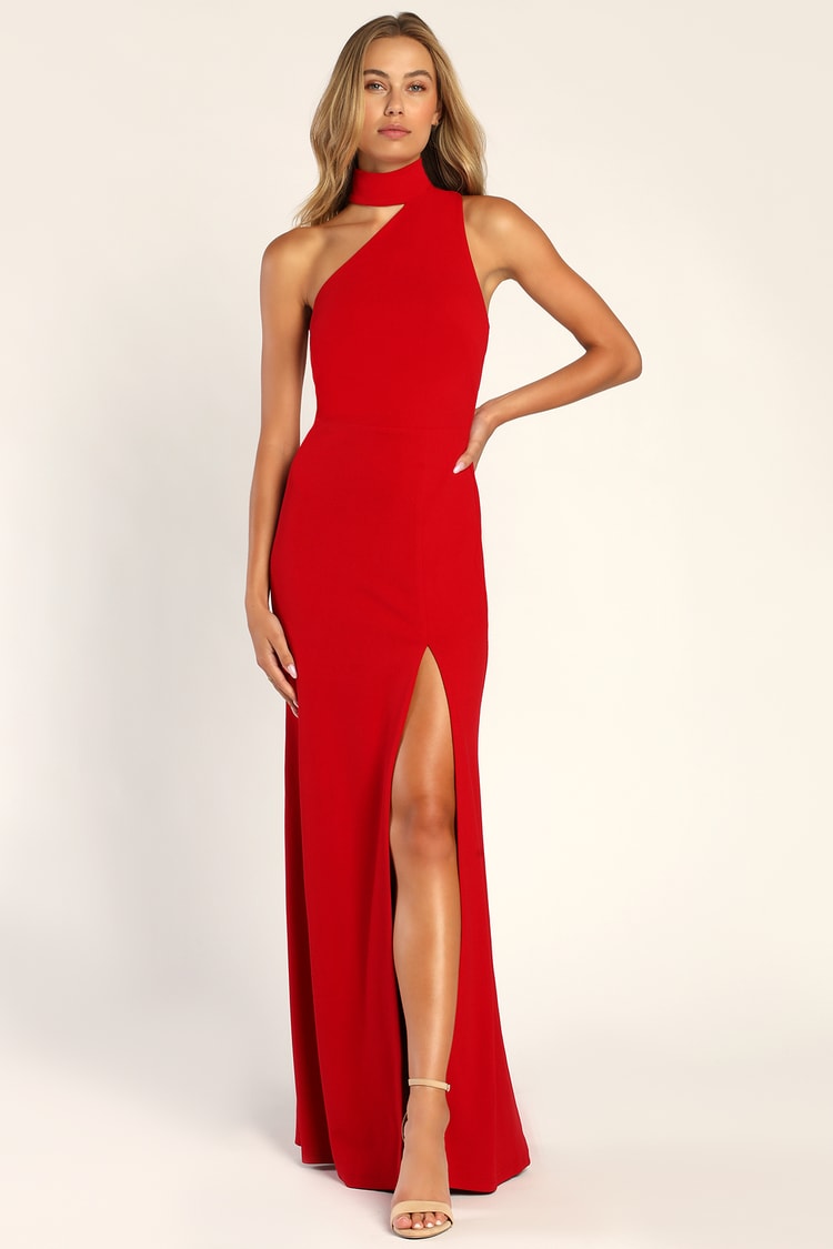 Red Asymmetrical Maxi Dress - Halter Maxi Dress - Cutout Dress -