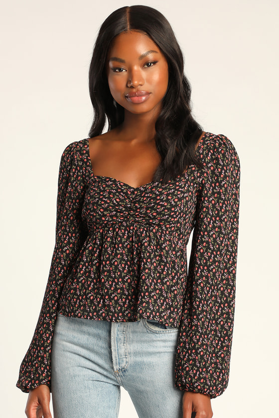 Black Floral Top - Long Sleeve Top - Balloon Sleeve Crop Top - Lulus