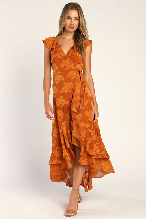Orange Wrap Dress Burnout Floral Dress HighLow Maxi Dress Lulus