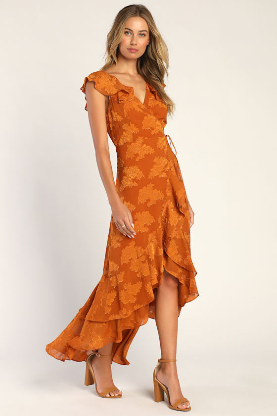 Adorable Aura Burnt Orange Floral Burnout High Low Wrap Dress 3