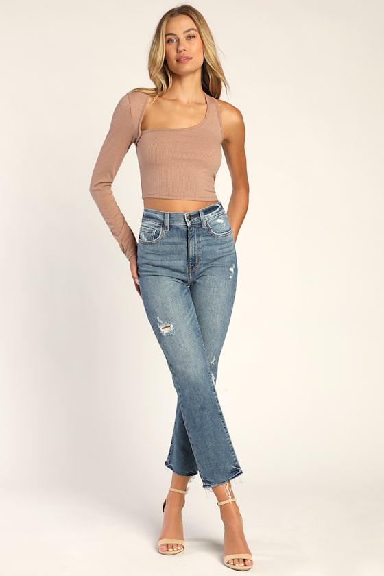 Edge of Style Light Brown Ribbed Long Sleeve Asymmetrical Top 4