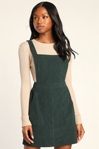 Embracing Autumn Emerald Green Corduroy Pinafore Mini Dress 5