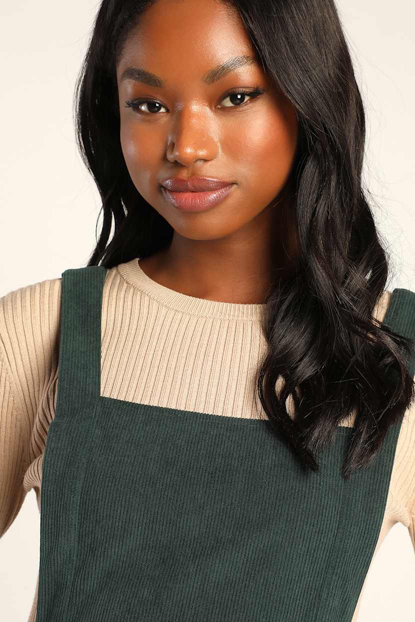 Embracing Autumn Emerald Green Corduroy Pinafore Mini Dress