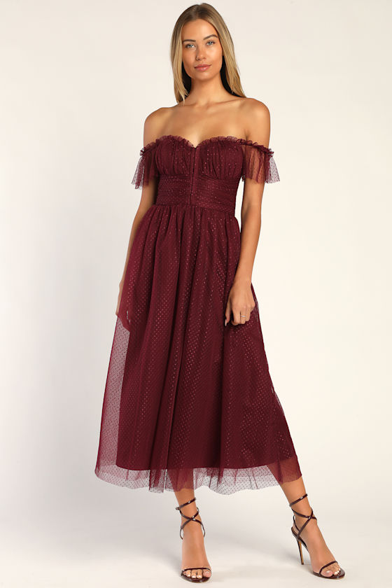 Regal Radiance Burgundy Mesh Bustier Midi Dress 3