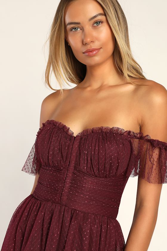 Regal Radiance Burgundy Mesh Bustier Midi Dress 1