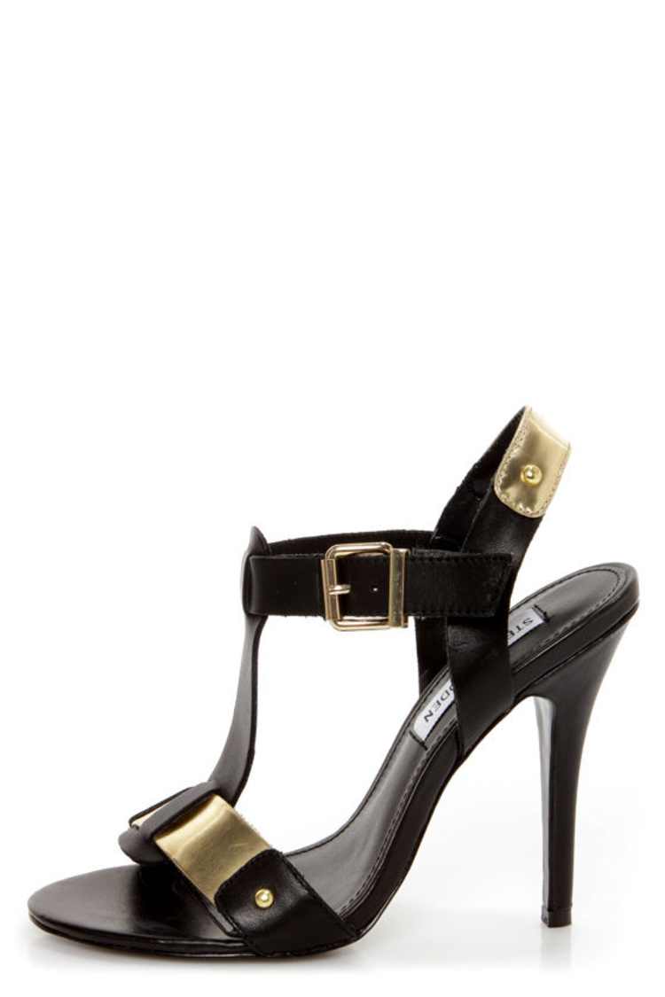 Steve Madden Reya Black and Gold T-Strap Dress Sandals - $89.00 - Lulus